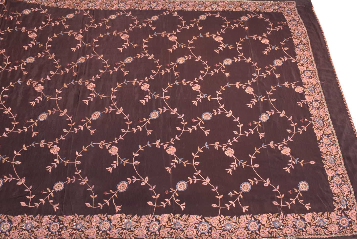 Sushila Vintage Parsi Gara Embroidered Saree Pure Crepe HEAVY Brown Sari Fabric