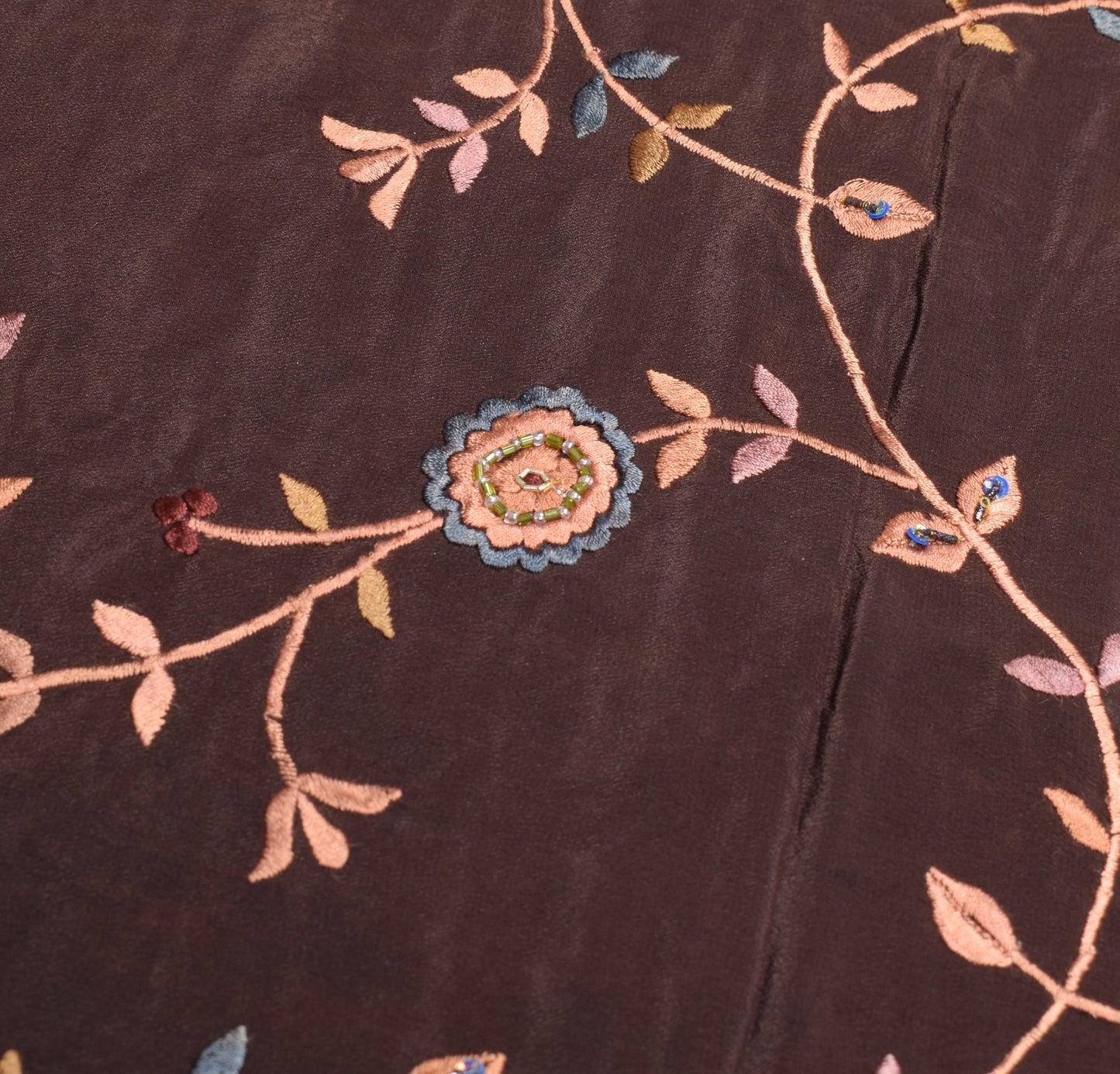 Sushila Vintage Parsi Gara Embroidered Saree Pure Crepe HEAVY Brown Sari Fabric