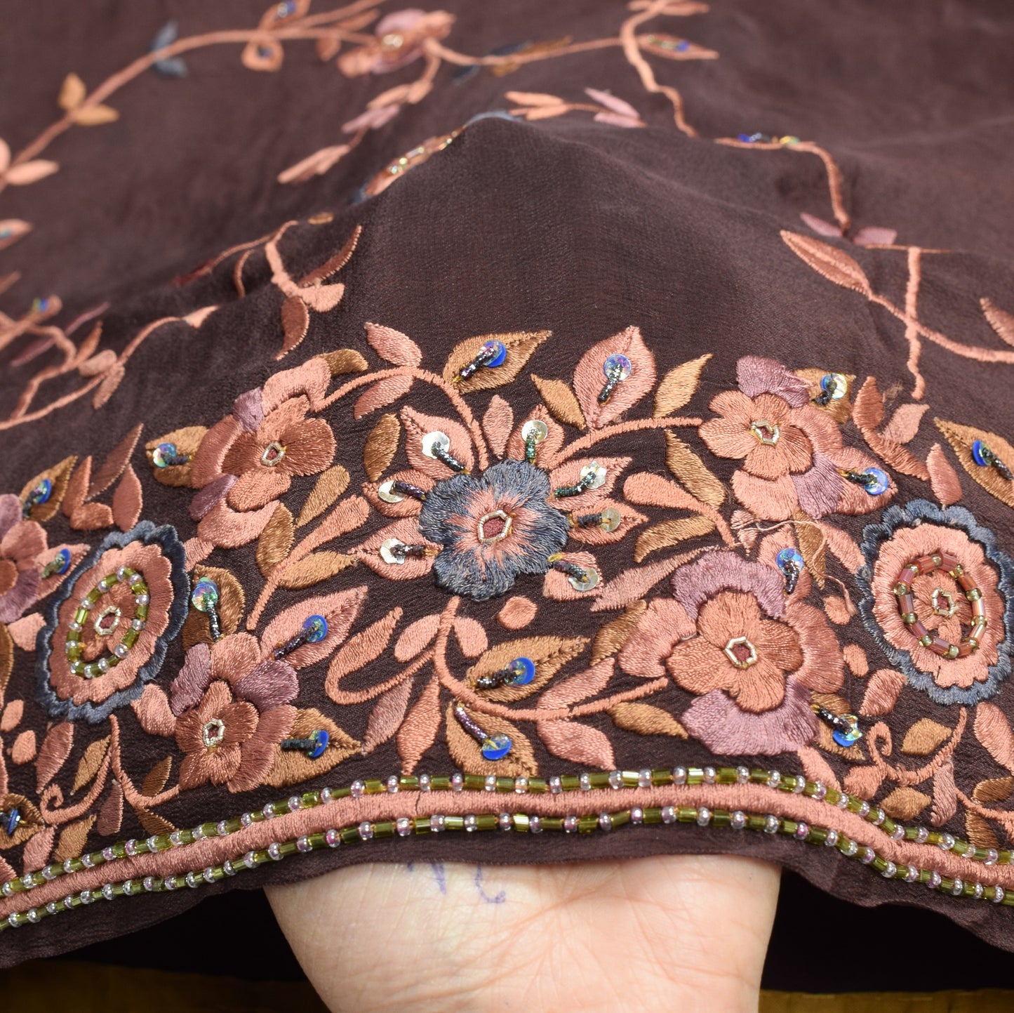Sushila Vintage Parsi Gara Embroidered Saree Pure Crepe HEAVY Brown Sari Fabric