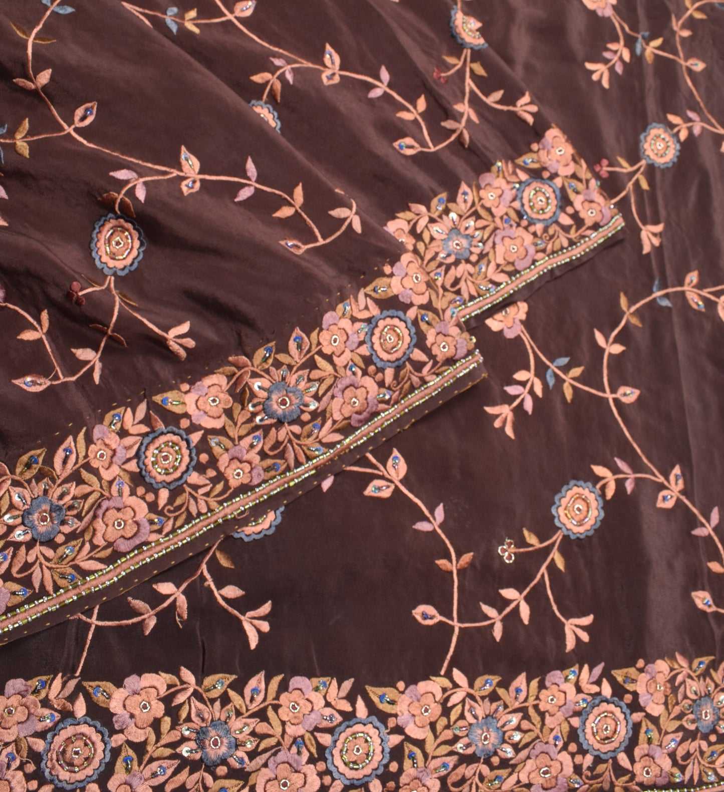 Sushila Vintage Parsi Gara Embroidered Saree Pure Crepe HEAVY Brown Sari Fabric
