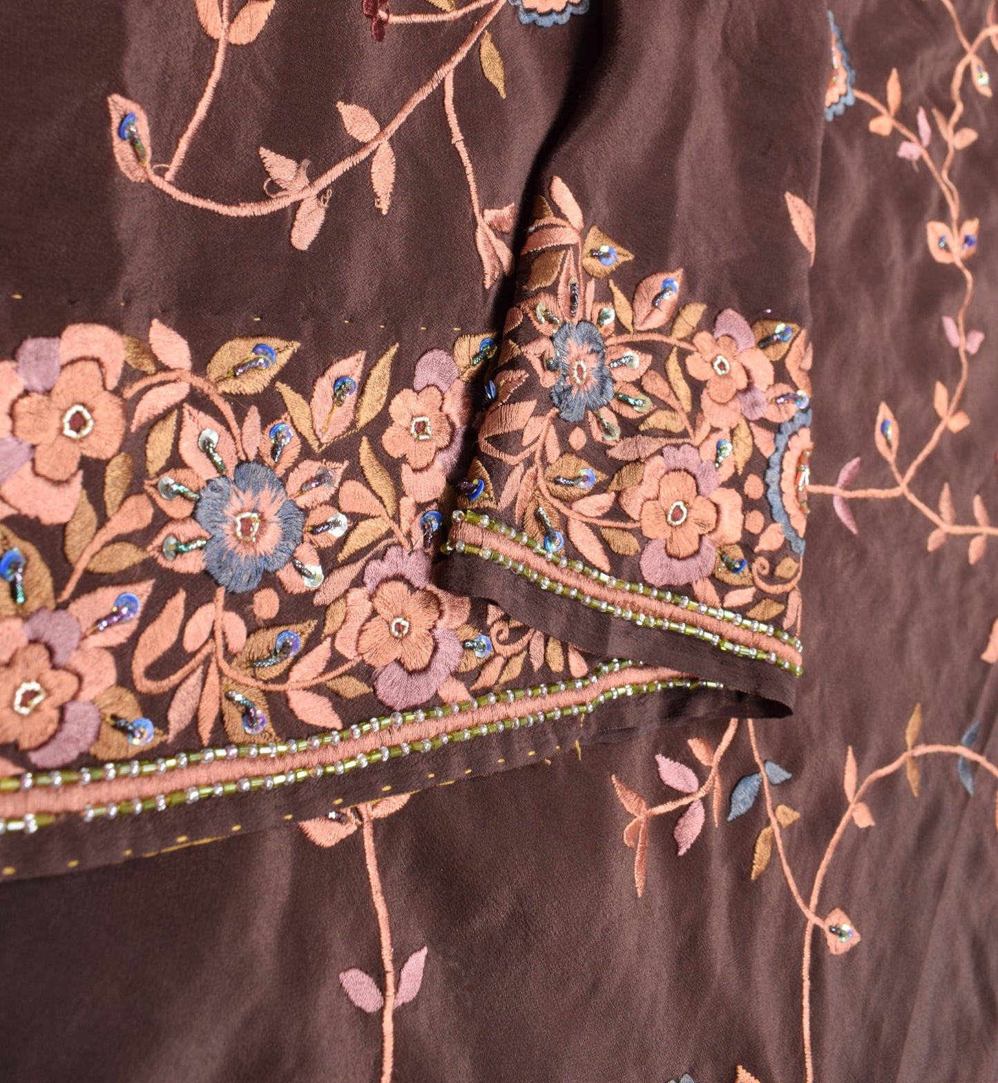 Sushila Vintage Parsi Gara Embroidered Saree Pure Crepe HEAVY Brown Sari Fabric