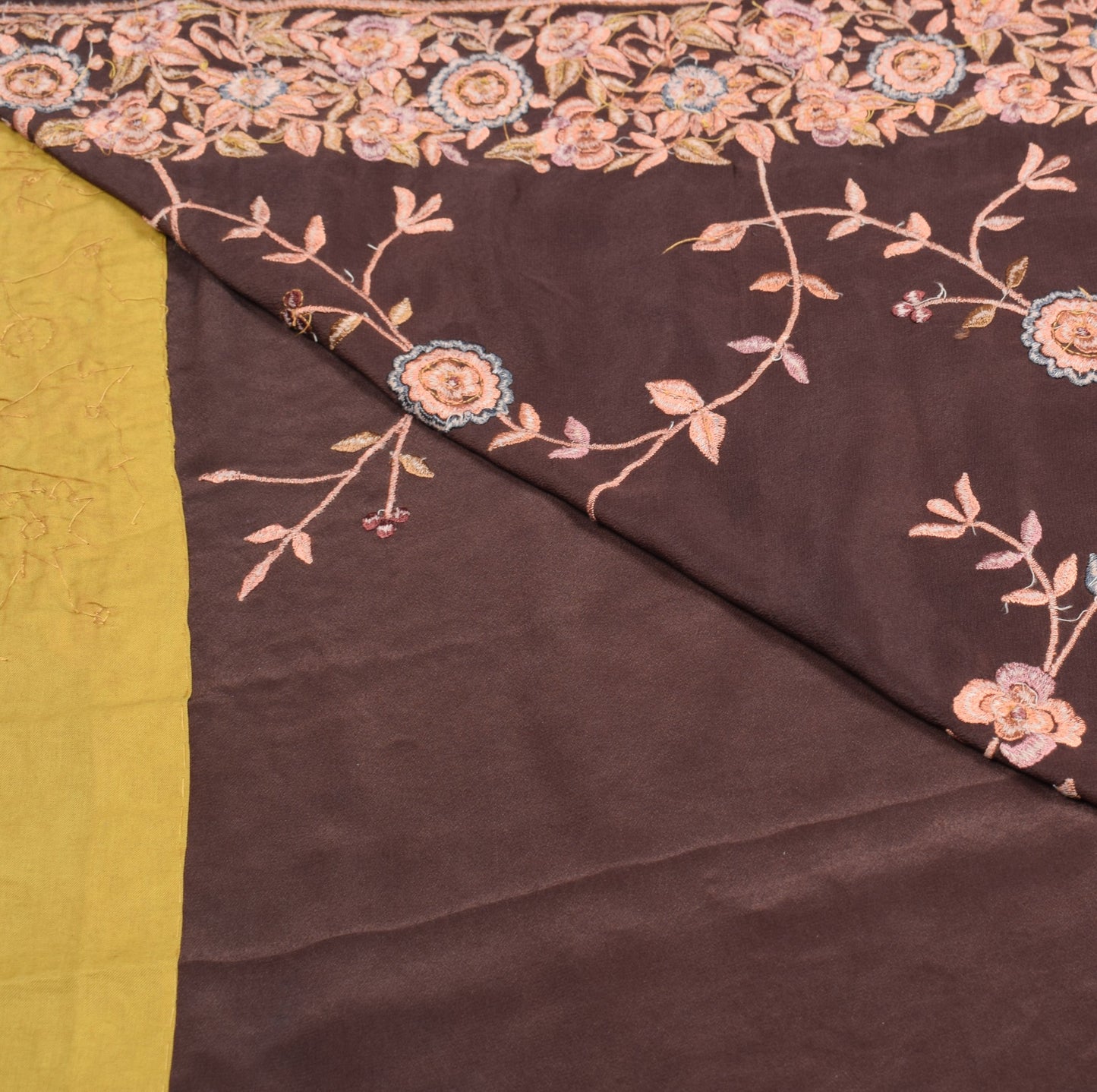 Sushila Vintage Parsi Gara Embroidered Saree Pure Crepe HEAVY Brown Sari Fabric