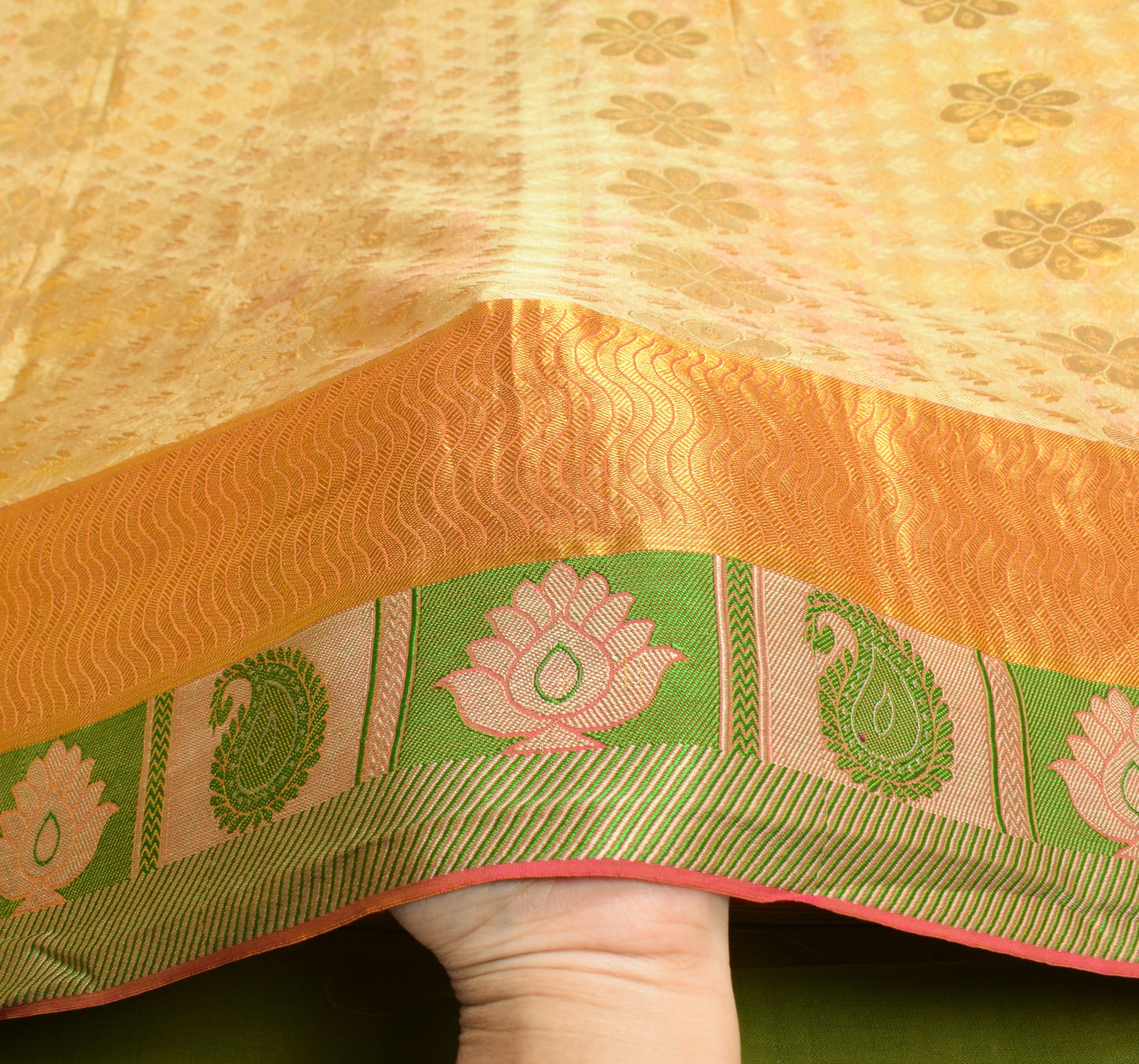 Sushila Vintage Light Yellow kanjivaram Saree Pure Silk Zari Brocade Sari Fabric
