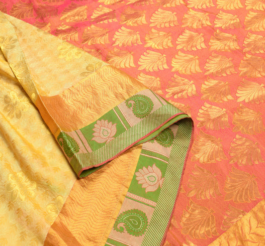 Sushila Vintage Light Yellow kanjivaram Saree Pure Silk Zari Brocade Sari Fabric