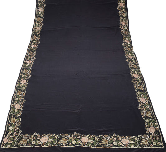 Sushila Vintage Parsi Gara Embroider Saree Pure Creep HEAVY Black Sari 6YDFabric