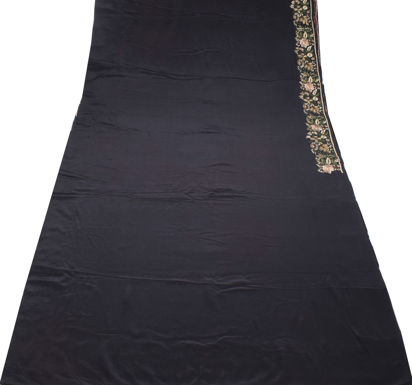 Sushila Vintage Parsi Gara Embroider Saree Pure Crepe HEAVY Black Sari 6YDFabric
