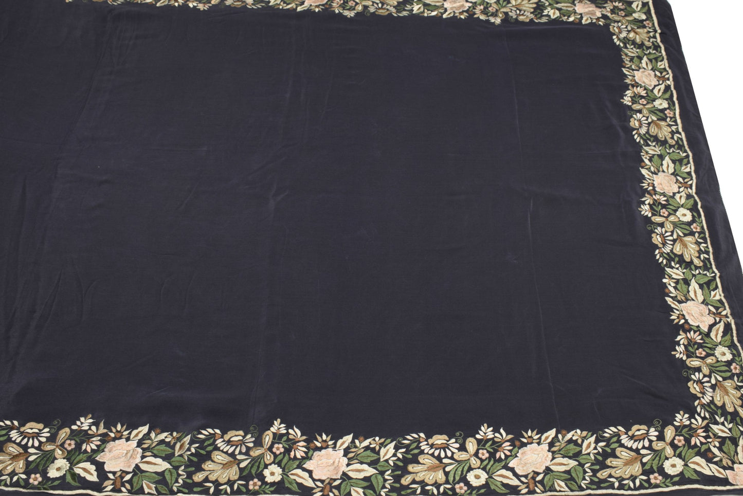 Sushila Vintage Parsi Gara Embroider Saree Pure Crepe HEAVY Black Sari 6YDFabric