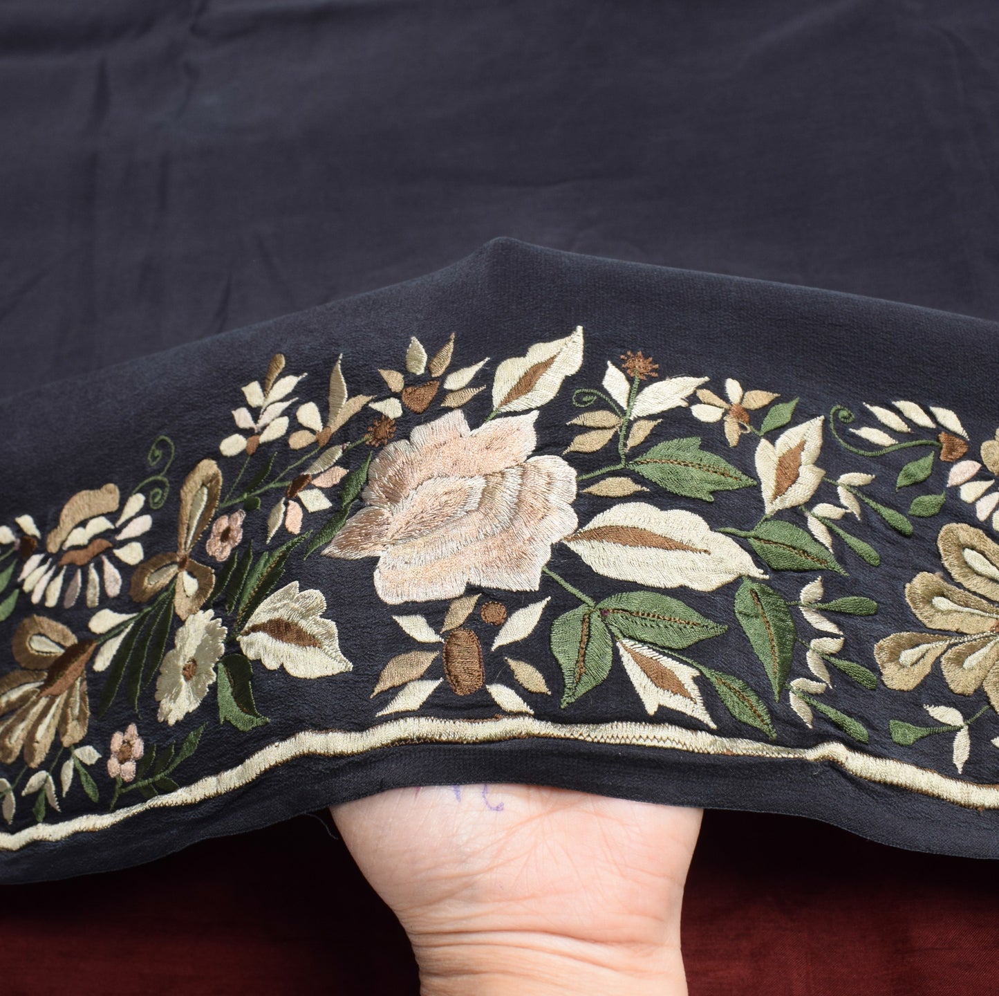 Sushila Vintage Parsi Gara Embroider Saree Pure Crepe HEAVY Black Sari 6YDFabric
