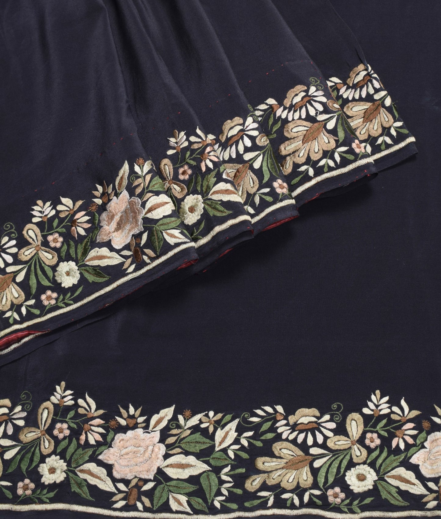 Sushila Vintage Parsi Gara Embroider Saree Pure Crepe HEAVY Black Sari 6YDFabric
