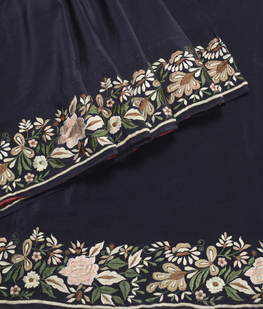Sushila Vintage Parsi Gara Embroider Saree Pure Creep HEAVY Black Sari 6YDFabric