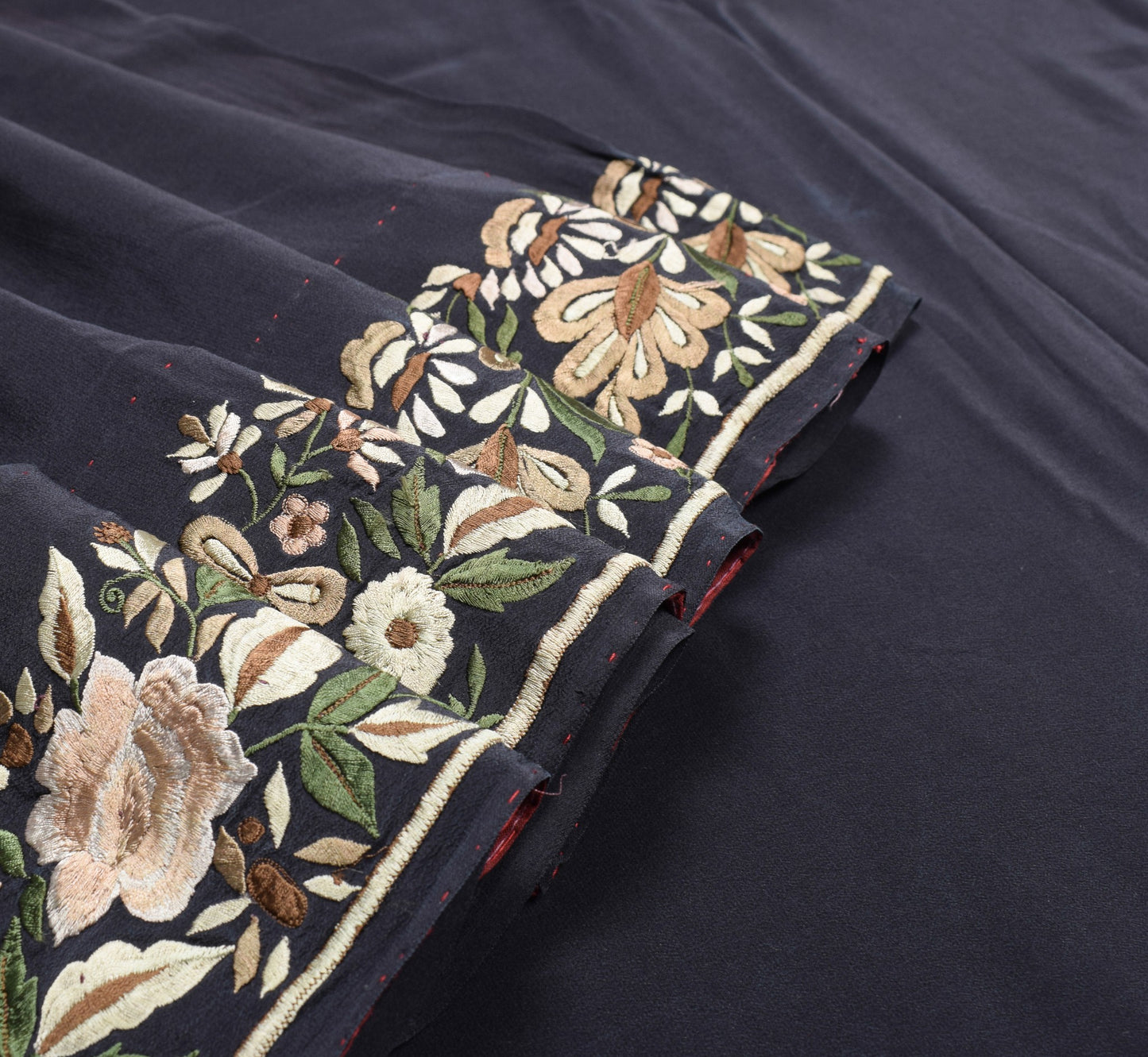 Sushila Vintage Parsi Gara Embroider Saree Pure Crepe HEAVY Black Sari 6YDFabric