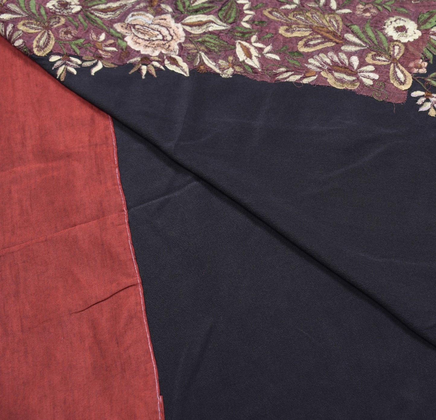 Sushila Vintage Parsi Gara Embroider Saree Pure Crepe HEAVY Black Sari 6YDFabric