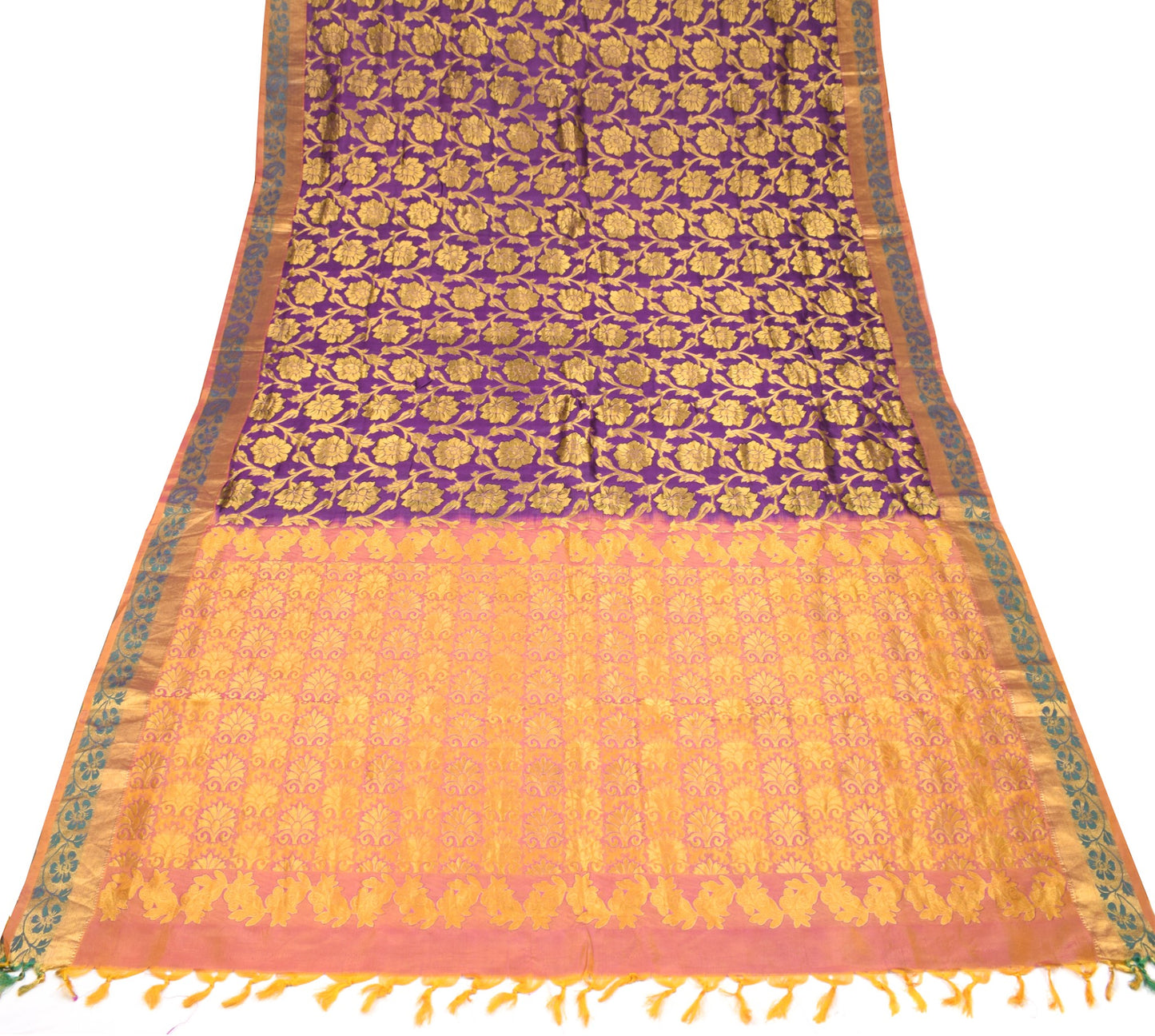 Sushila Vintage Banarasi or Kanchipuram Saree Purple Gold Zari Woven Sari Fabric