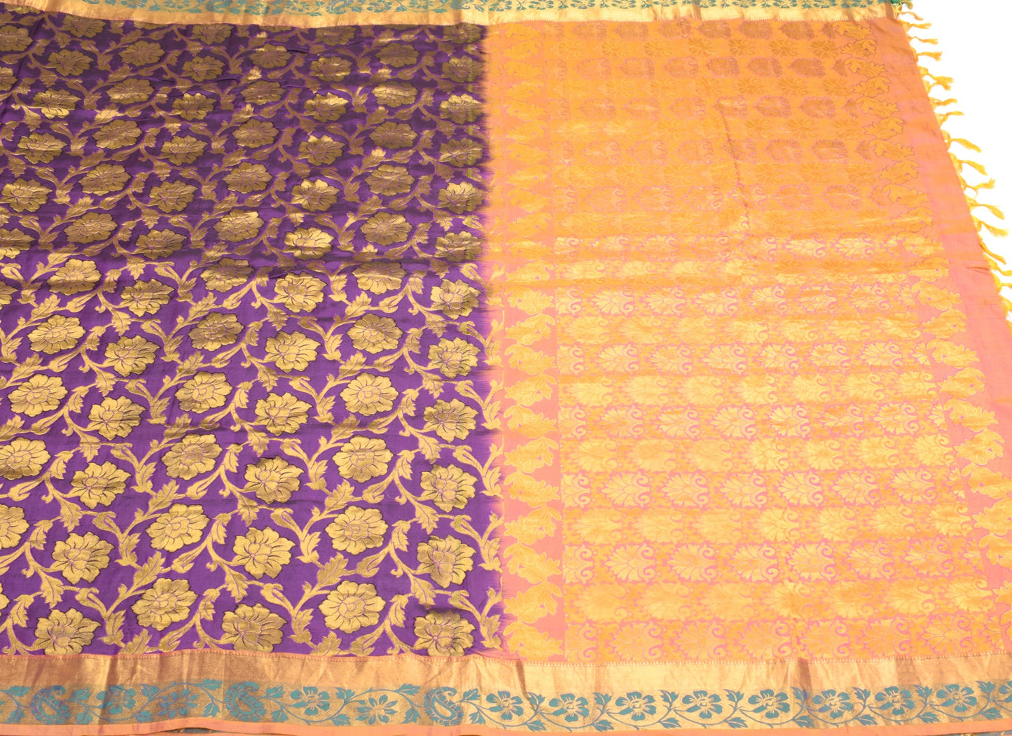 Sushila Vintage Banarasi or Kanchipuram Saree Purple Gold Zari Woven Sari Fabric
