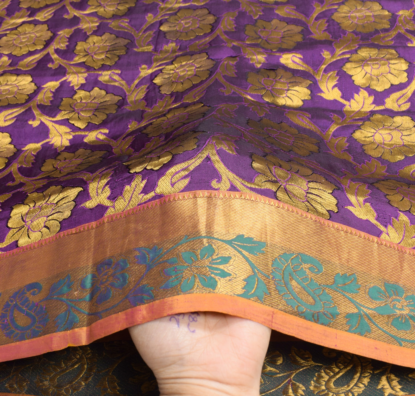 Sushila Vintage Banarasi or Kanchipuram Saree Purple Gold Zari Woven Sari Fabric