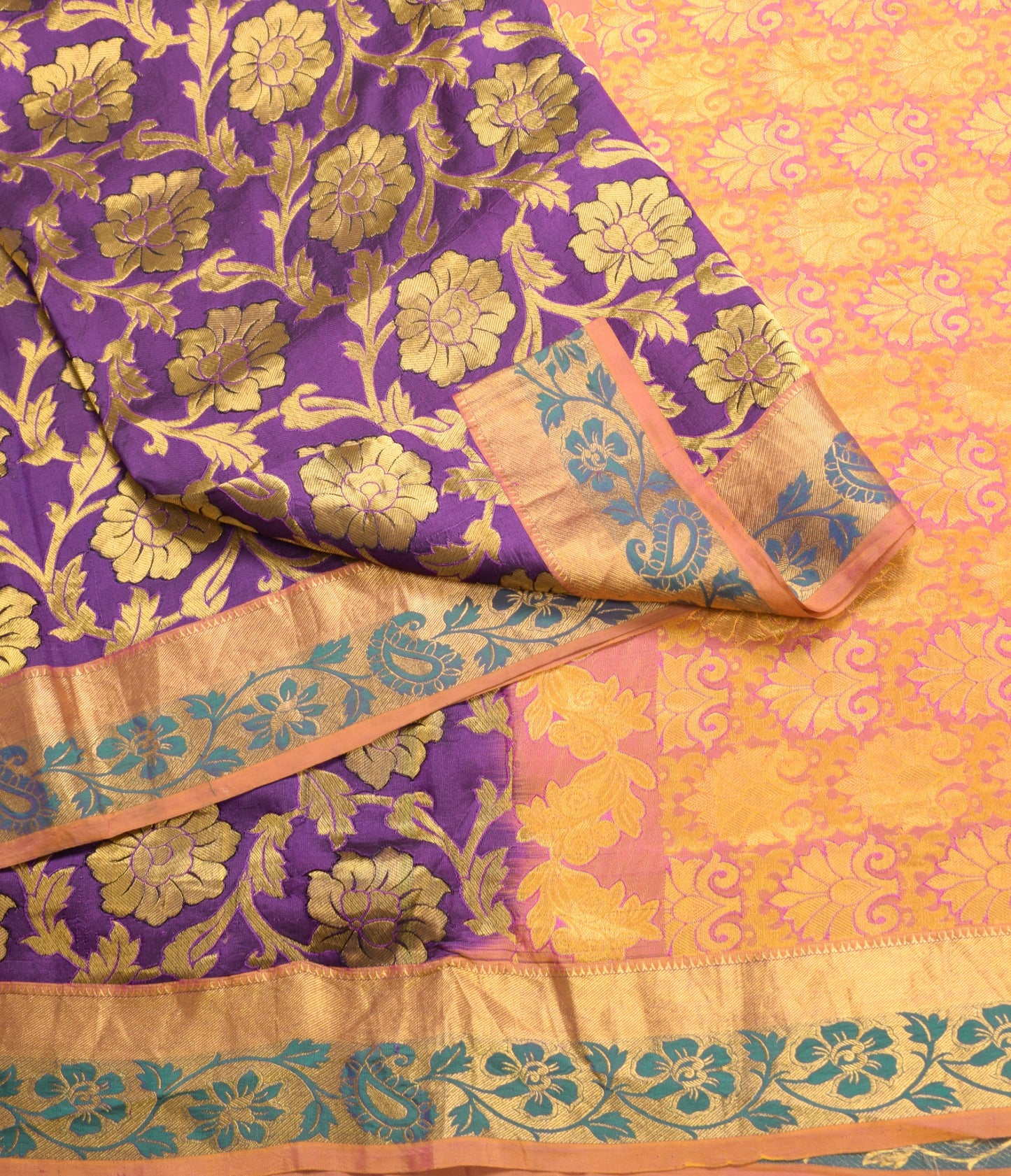 Sushila Vintage Banarasi or Kanchipuram Saree Purple Gold Zari Woven Sari Fabric