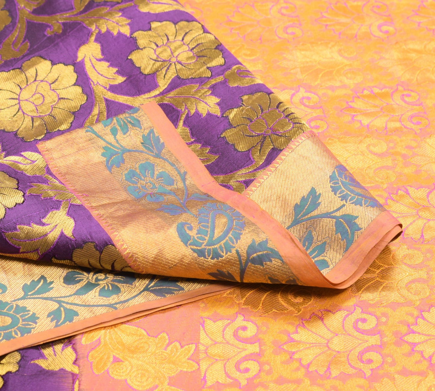 Sushila Vintage Banarasi or Kanchipuram Saree Purple Gold Zari Woven Sari Fabric