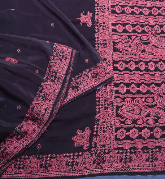 Sushila Vintage HEAVY Black Saree Hand Embroidered Pure Crepe Silk Sari Fabric