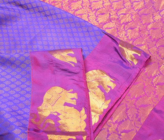 Sushila Vintage Pure Kanjivaram Silk Saree Blue HEAVY Gold Zari 5 YD Sari Fabric