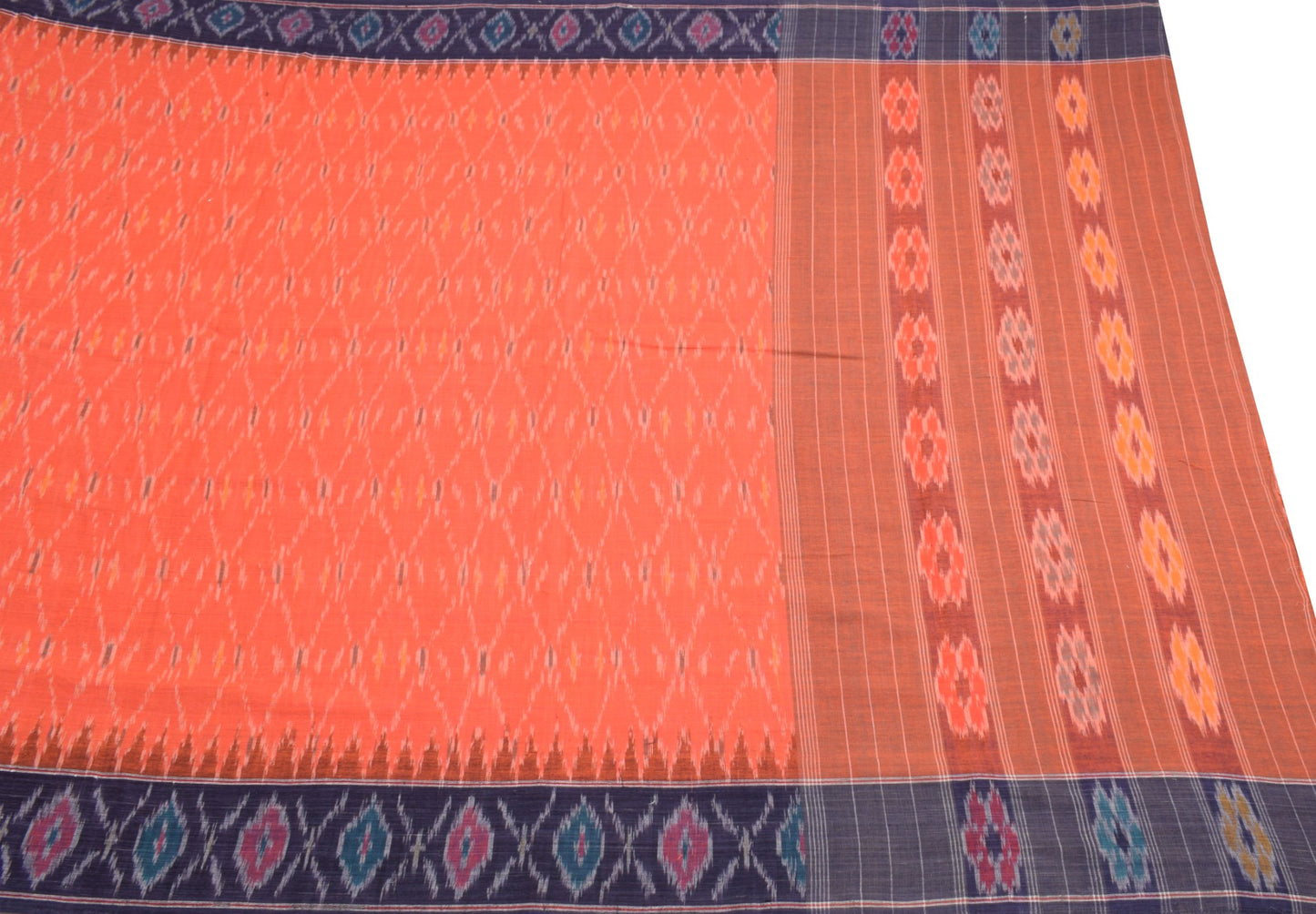 Sushila Vintage Pure Cotton Saree Orange Handwoven Pochampally Ikat Sari Fabric