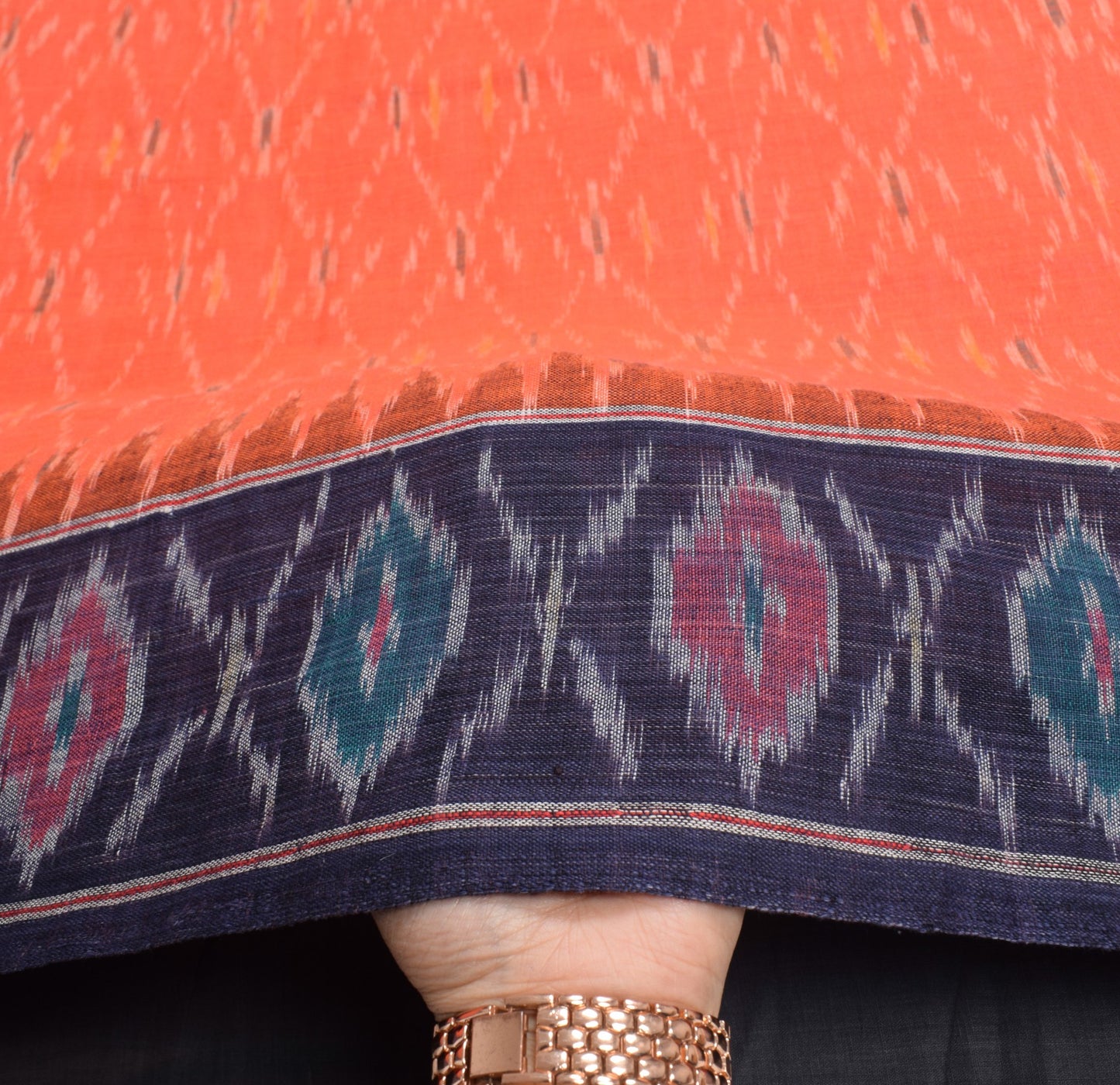 Sushila Vintage Pure Cotton Saree Orange Handwoven Pochampally Ikat Sari Fabric
