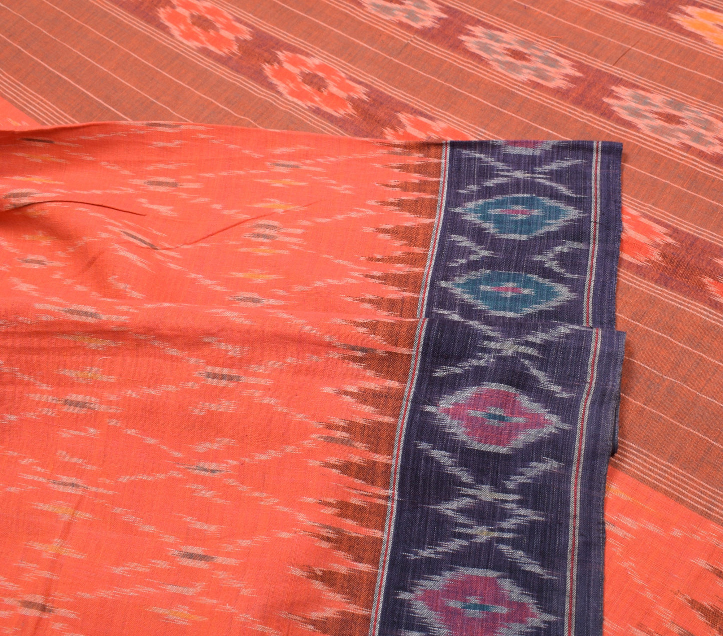 Sushila Vintage Pure Cotton Saree Orange Handwoven Pochampally Ikat Sari Fabric