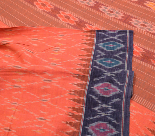 Sushila Vintage Pure Cotton Saree Orange Handwoven Pochampally Ikat Sari Fabric