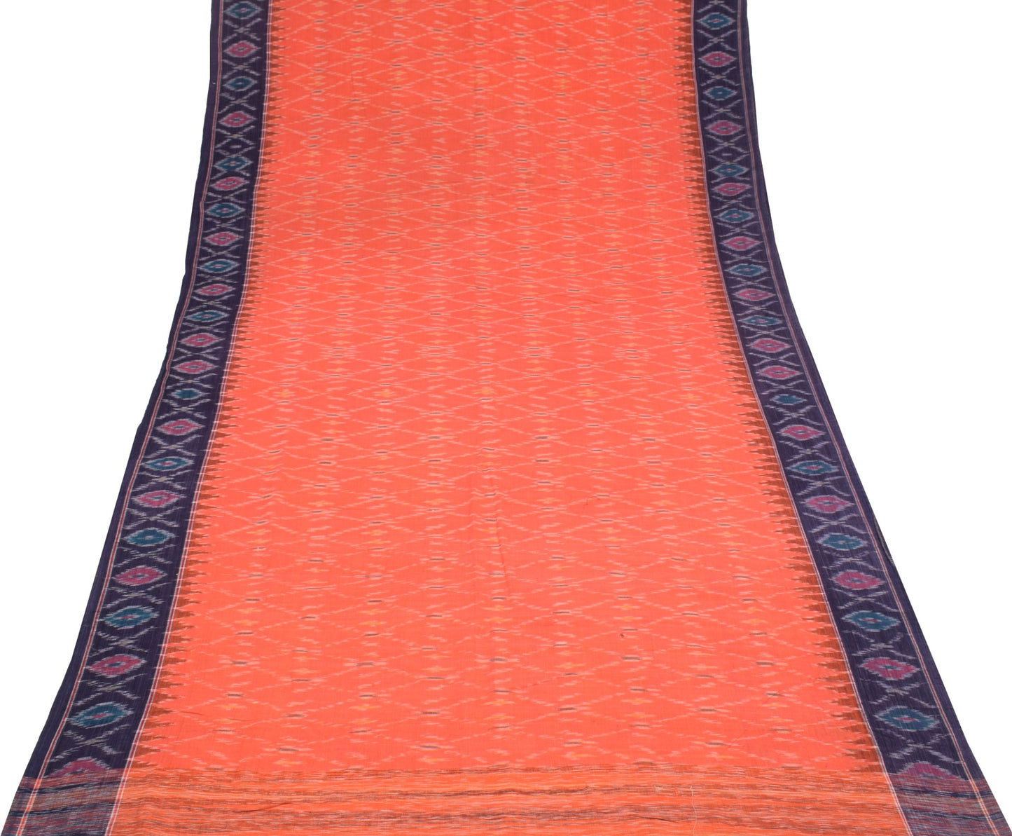 Sushila Vintage Pure Cotton Saree Orange Handwoven Pochampally Ikat Sari Fabric