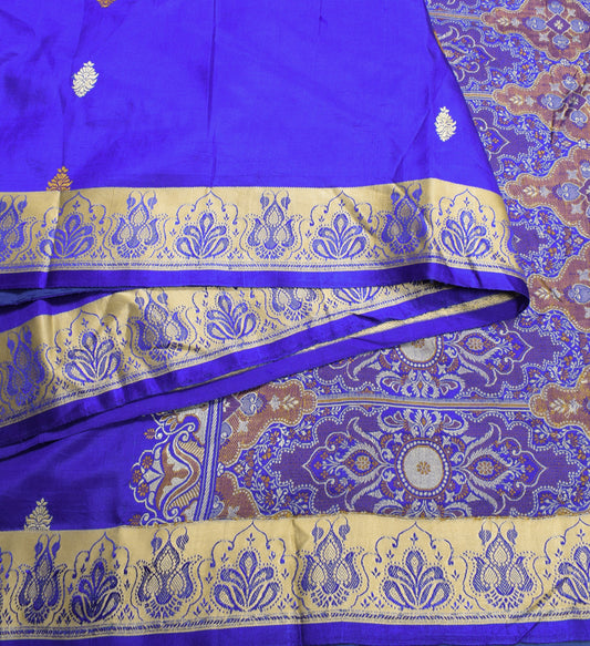Sushila Vintage Blue Pure Silk Saree Resham Woven Floral Soft 6 Yard Sari Fabric
