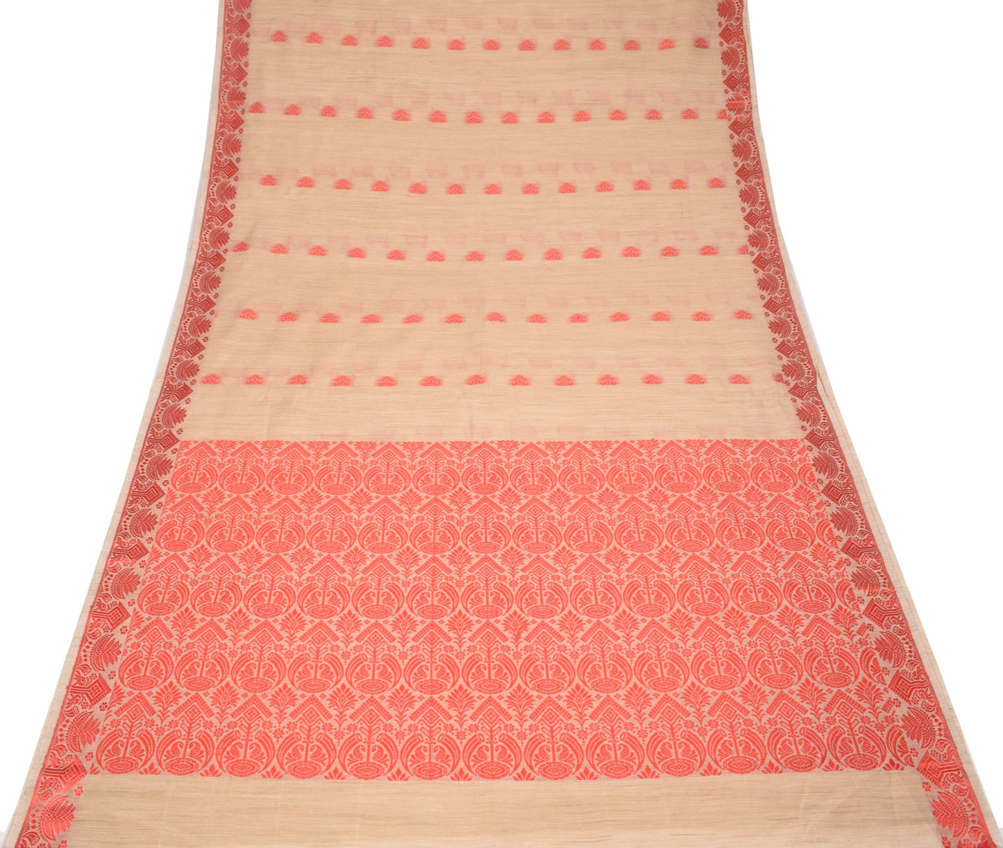 Sushila Vintage Assam handloom Saree Art Cotton Silk Beige & Red Woven 6YD Sari