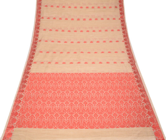 Sushila Vintage Assam handloom Saree Art Cotton Silk Beige & Red Woven 6YD Sari