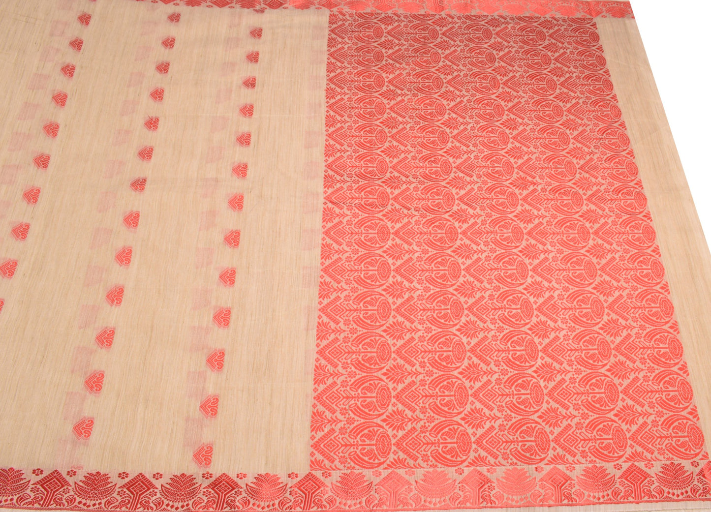 Sushila Vintage Assam handloom Saree Art Cotton Silk Beige & Red Woven 6YD Sari