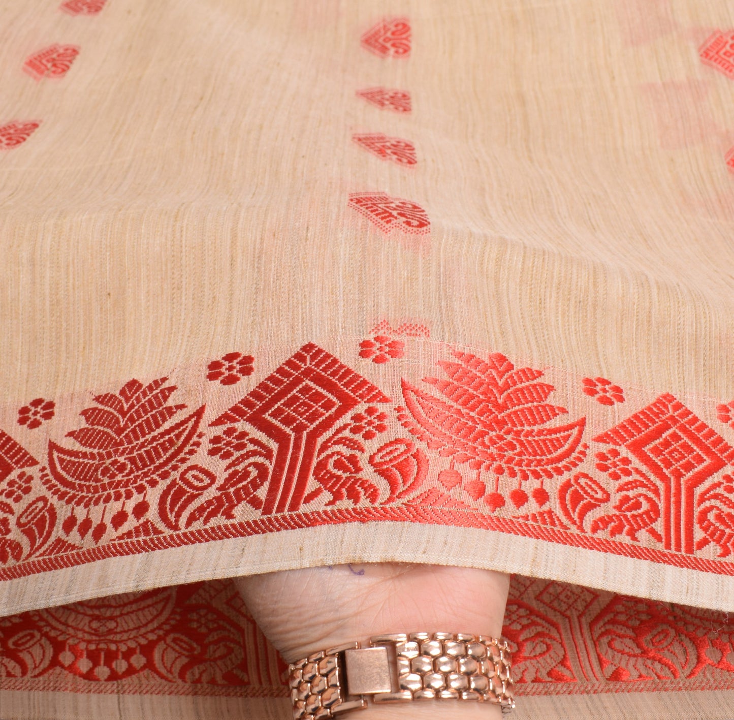 Sushila Vintage Assam handloom Saree Art Cotton Silk Beige & Red Woven 6YD Sari