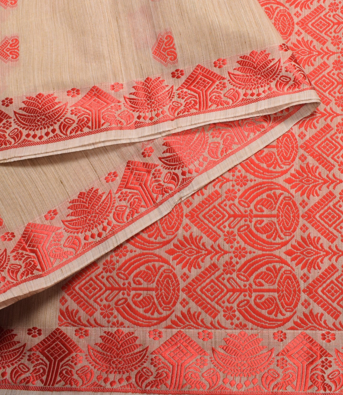 Sushila Vintage Assam handloom Saree Art Cotton Silk Beige & Red Woven 6YD Sari
