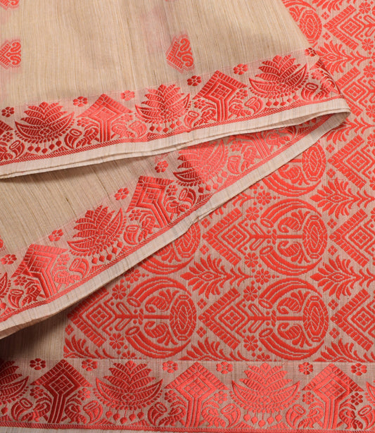 Sushila Vintage Assam handloom Saree Art Cotton Silk Beige & Red Woven 6YD Sari