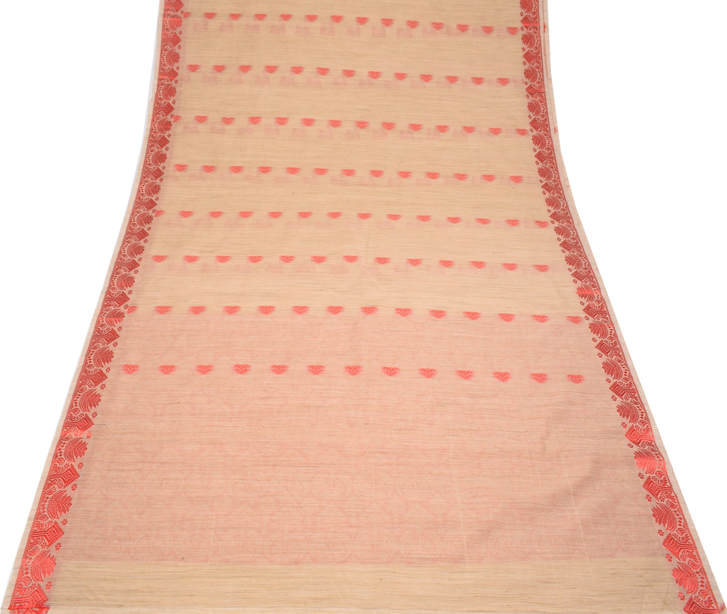 Sushila Vintage Assam handloom Saree Art Cotton Silk Beige & Red Woven 6YD Sari