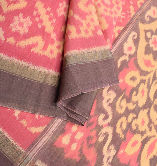 Sushila Vintage Pink Saree Pochampally Handwoven Ikat Pure Cotton Silk 5YD Sari
