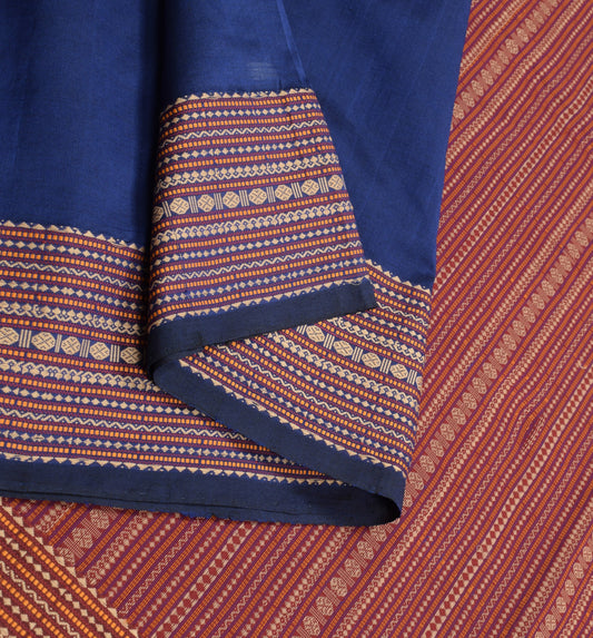 Sushila Vintage Blue Plain Saree Rudraksh Woven Pure Cotton Handloom Sari Fabric