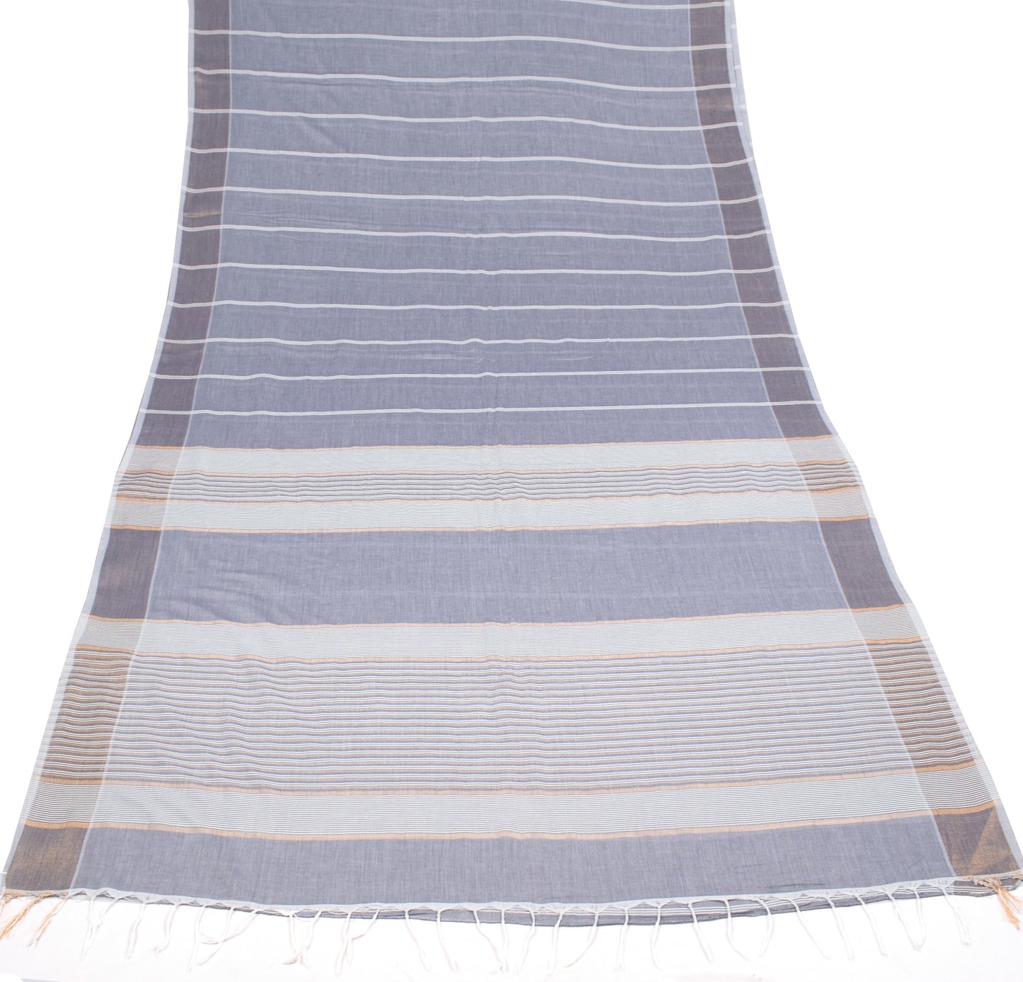 Sushila Vintage Gray Handloom Saree Pure Cotton Stripes Woven 5 YD Sari Fabric