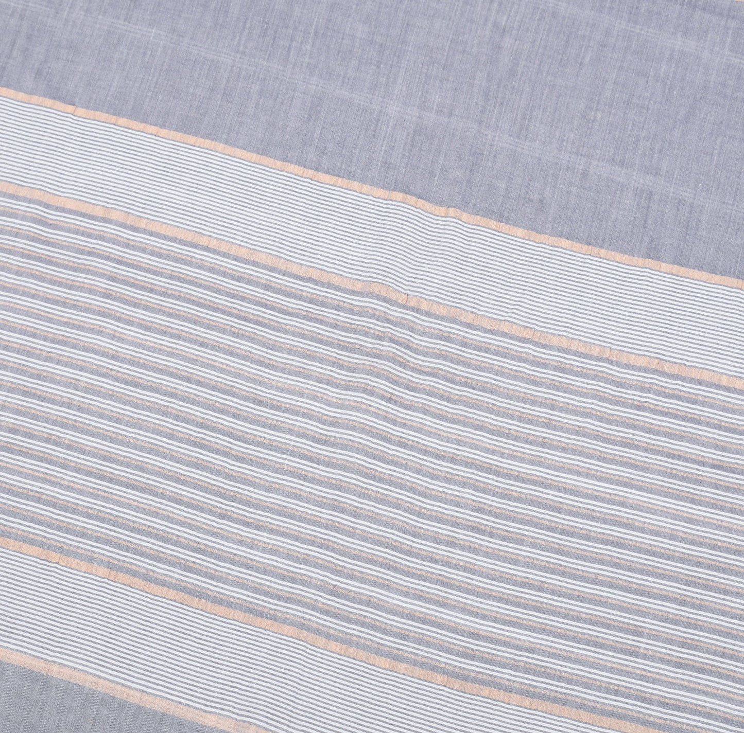Sushila Vintage Gray Handloom Saree Pure Cotton Stripes Woven 5 YD Sari Fabric