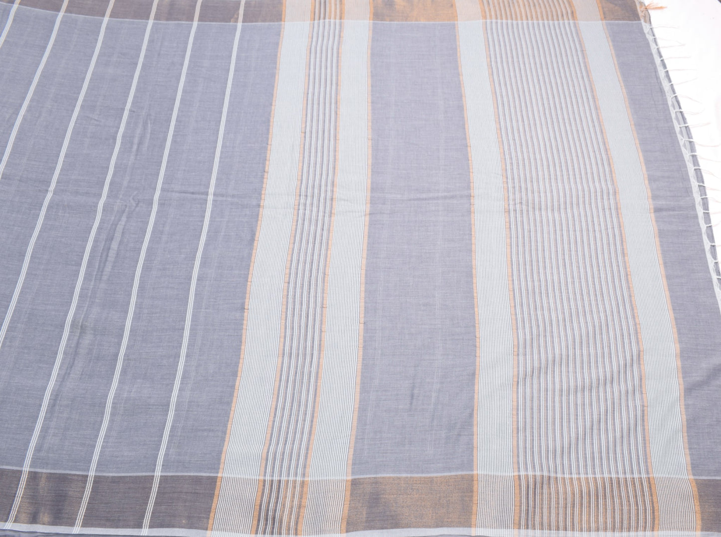 Sushila Vintage Gray Handloom Saree Pure Cotton Stripes Woven 5 YD Sari Fabric