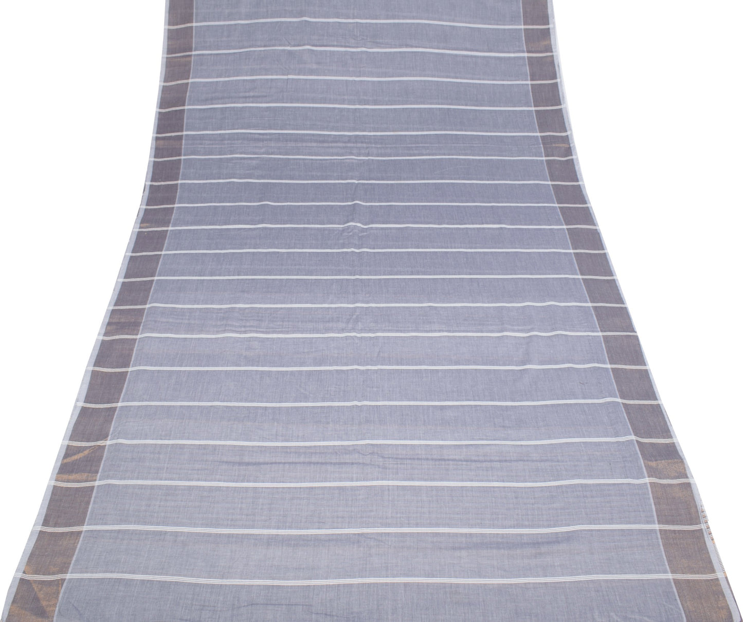 Sushila Vintage Gray Handloom Saree Pure Cotton Stripes Woven 5 YD Sari Fabric