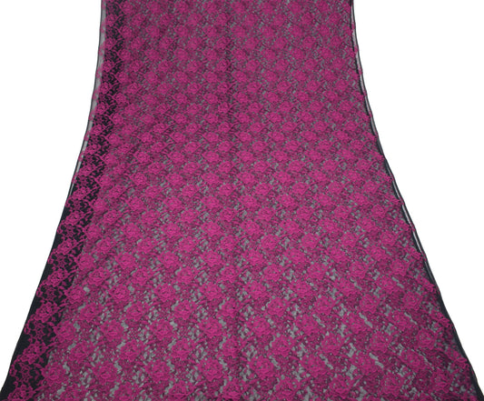 Sushila Vintage Black Net Saree Magenta Floral Woven 5YD Sari Dress Craft Fabric