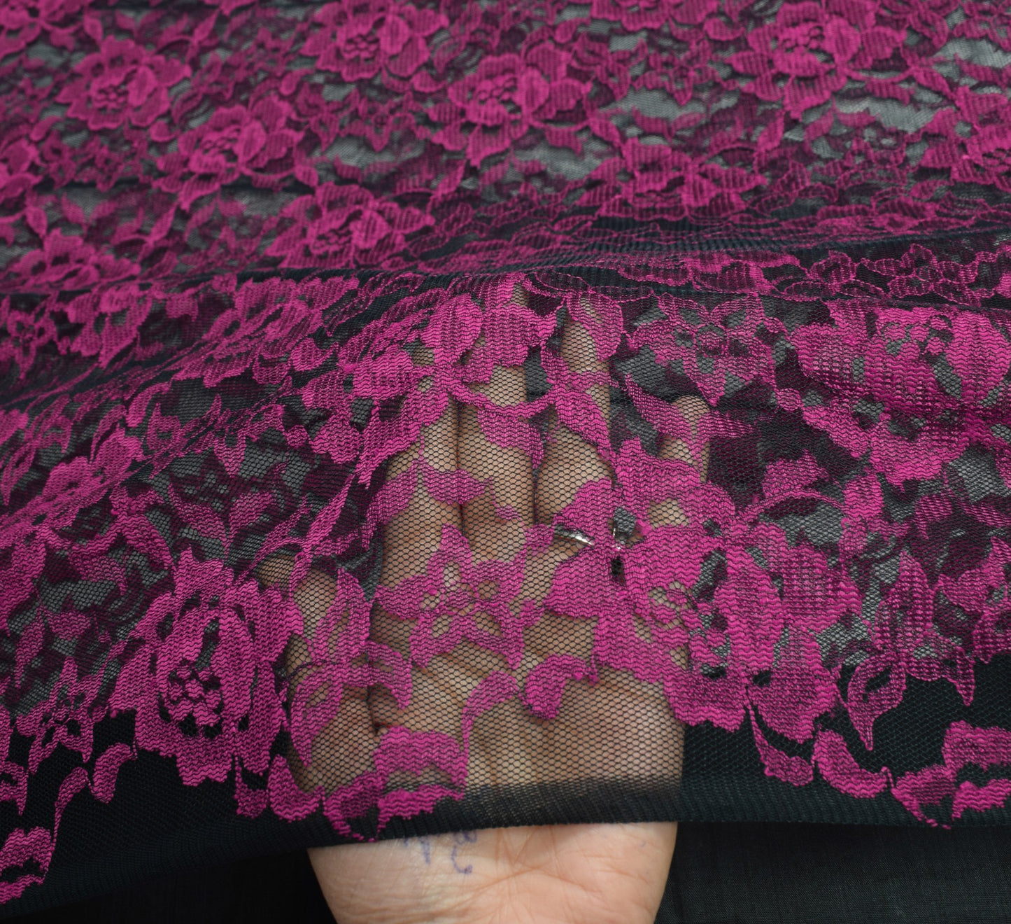 Sushila Vintage Black Net Saree Magenta Floral Woven 5YD Sari Dress Craft Fabric