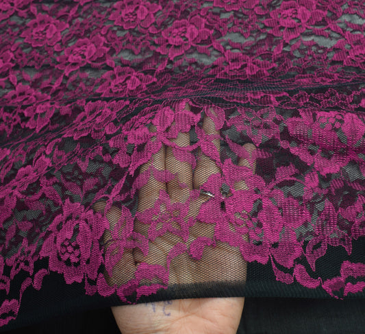 Sushila Vintage Black Net Saree Magenta Floral Woven 5YD Sari Dress Craft Fabric