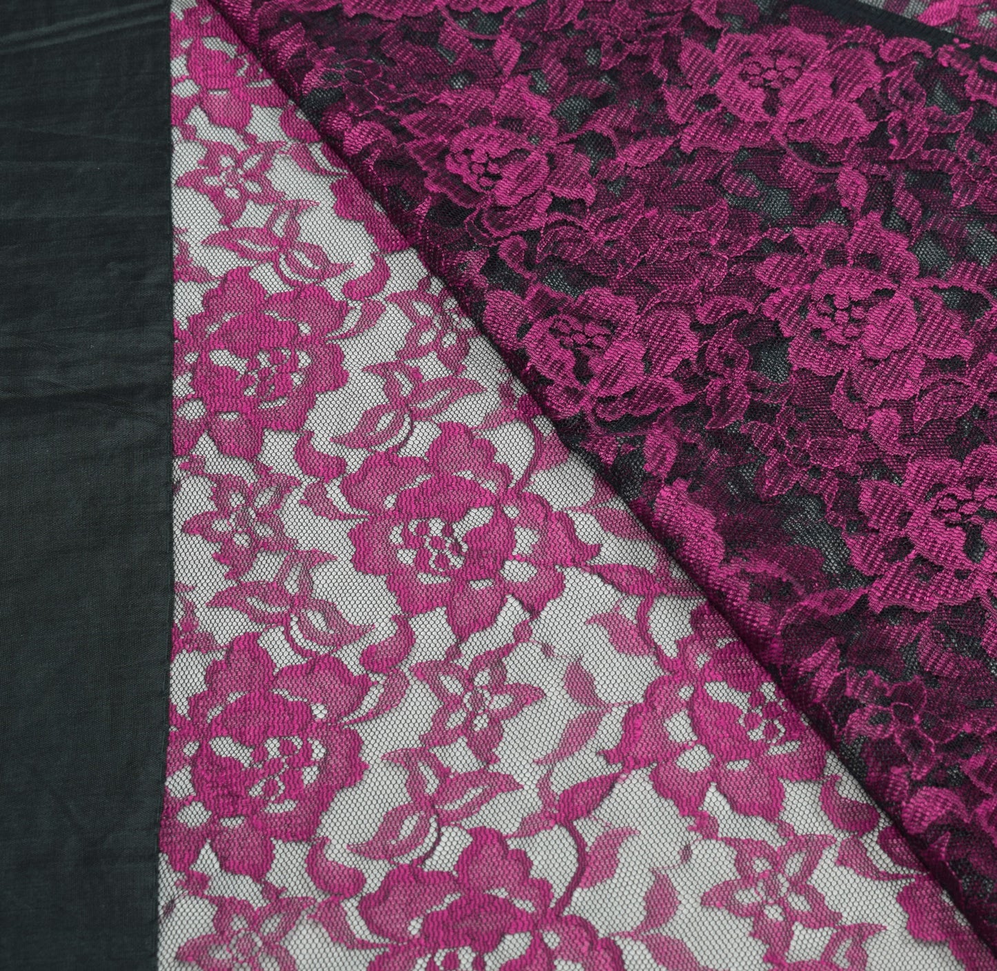 Sushila Vintage Black Net Saree Magenta Floral Woven 5YD Sari Dress Craft Fabric