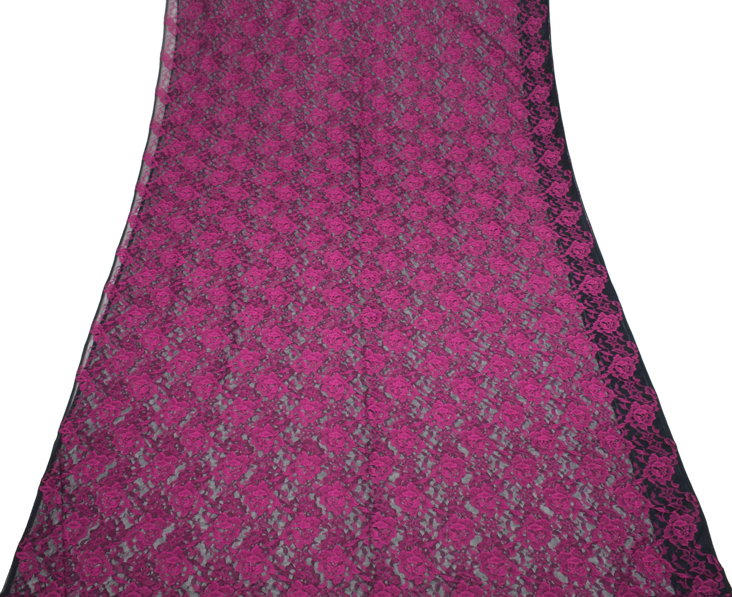 Sushila Vintage Black Net Saree Magenta Floral Woven 5YD Sari Dress Craft Fabric