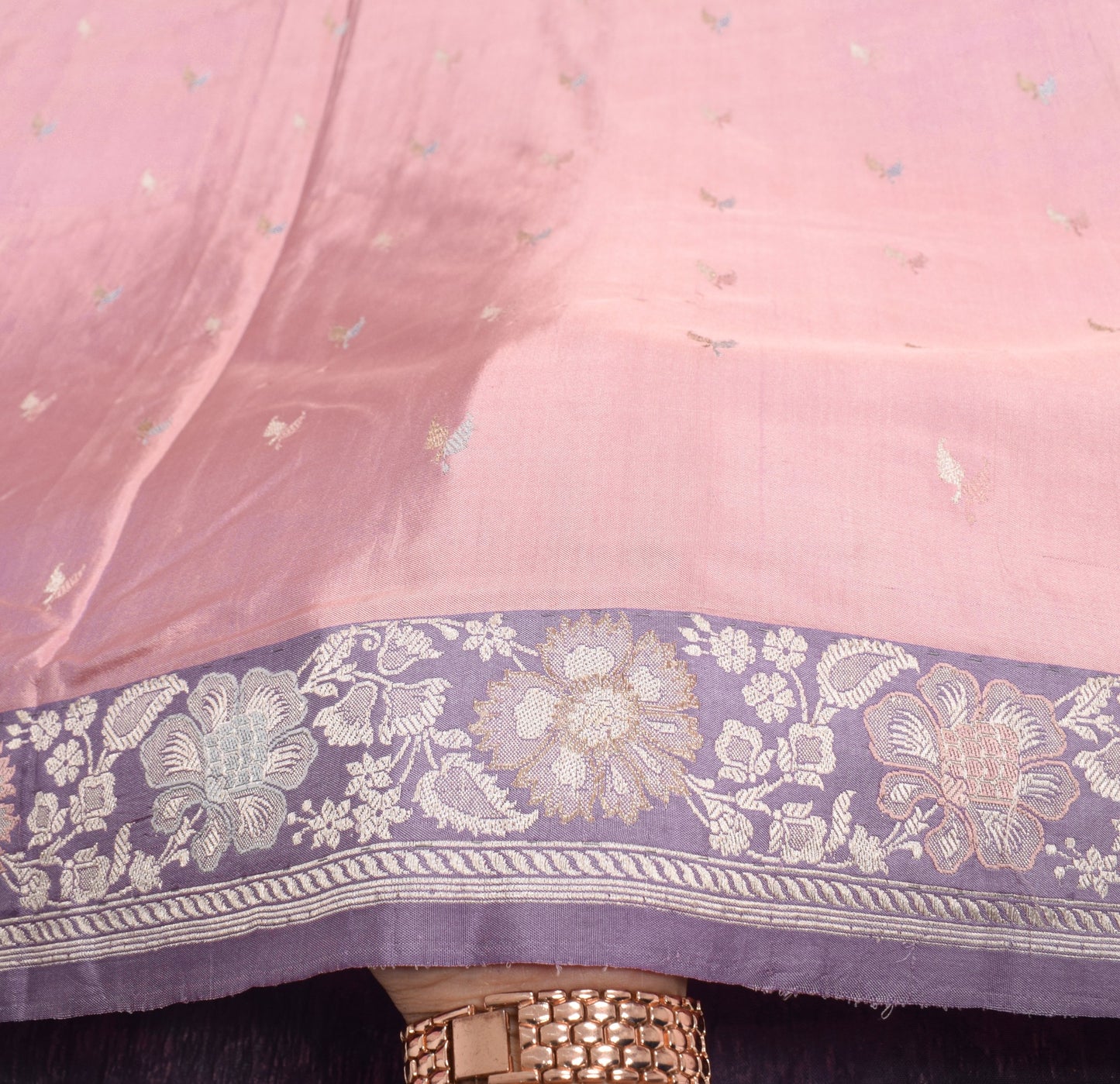 Sushila Vintage Pure Banarasi Silk Saree Pink Base Purple Border Pallu 5YD Sari