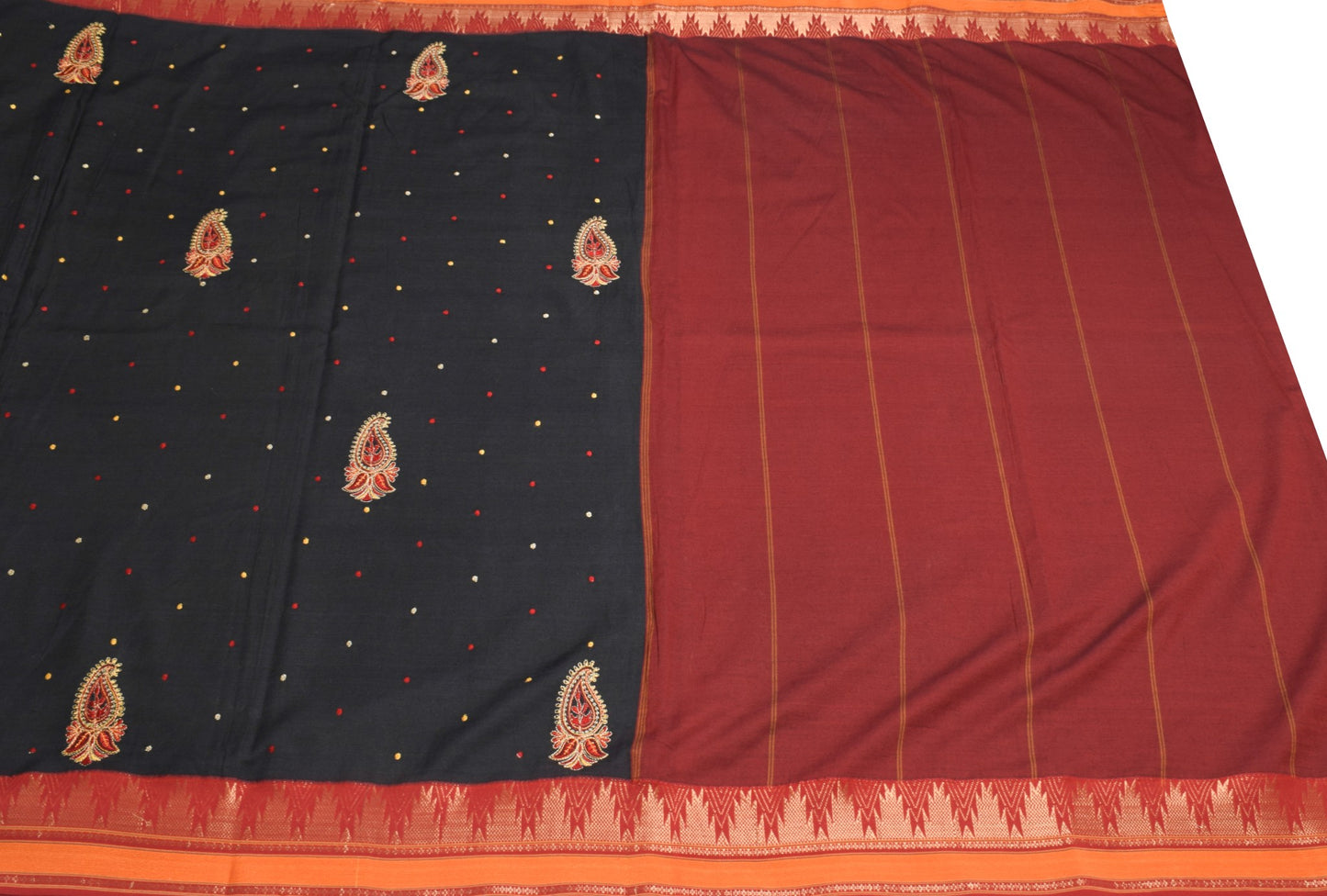 Sushila Vintage Black Chettinad Saree Pure Cotton Woven Embroidered Sari Fabric