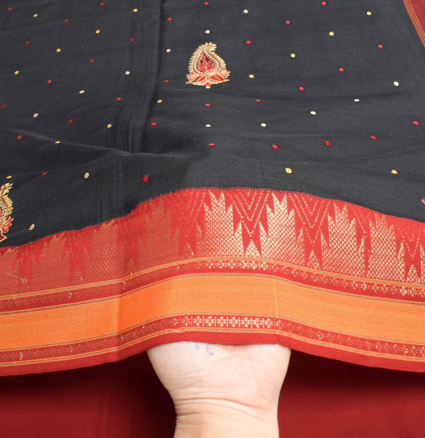 Sushila Vintage Black Chettinad Saree Pure Cotton Woven Embroidered Sari Fabric